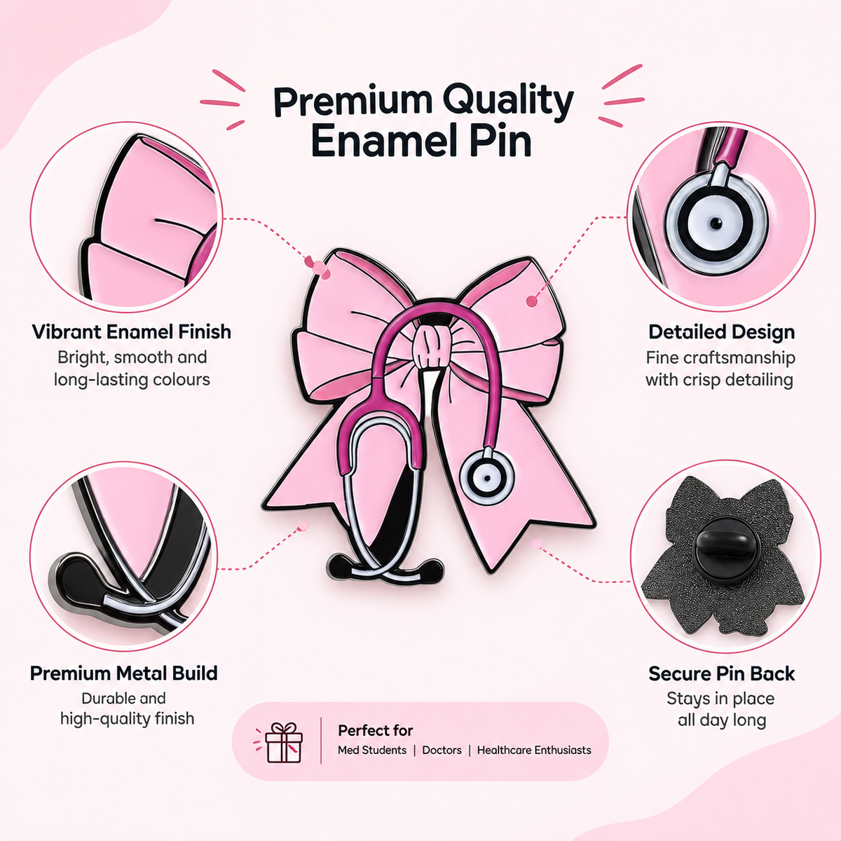 Pink Bow Stethoscope Medical Brooch Enamel Pin